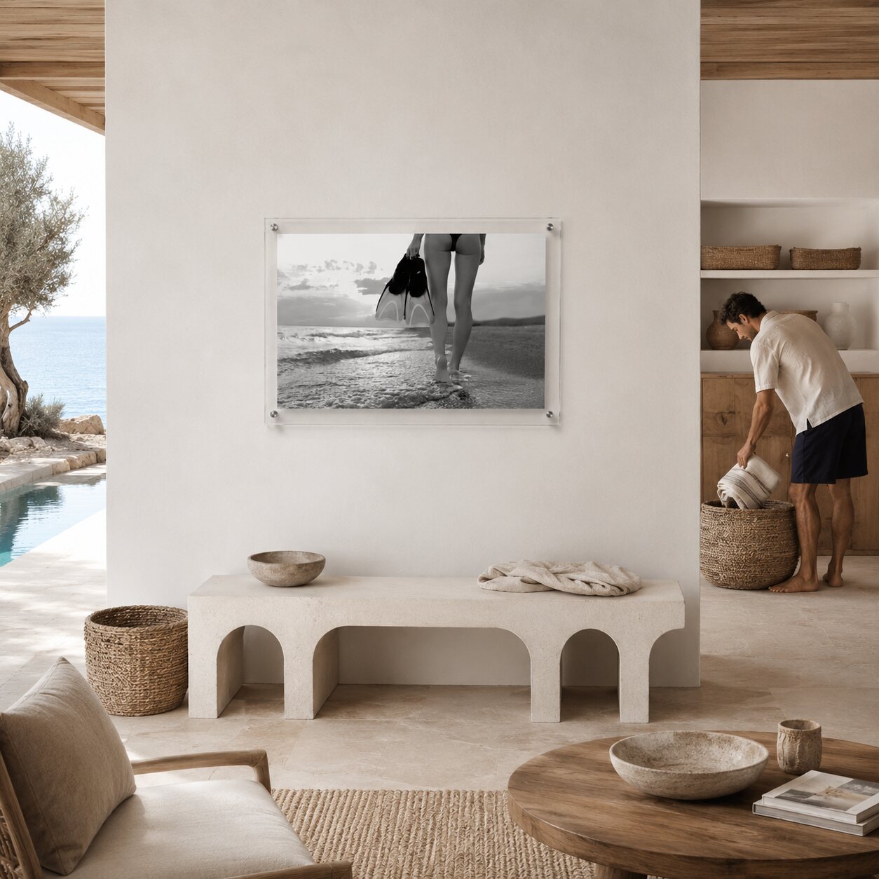 fins first black and white acrylic wall art in living room scene