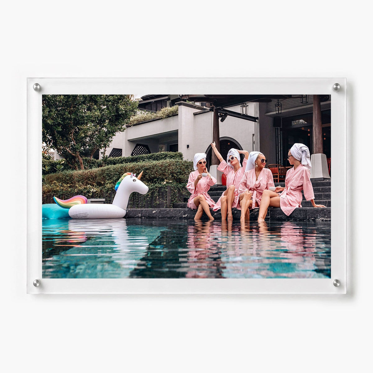 Breakfast at Brittany's acrylic wall art featuring a poolside gathering