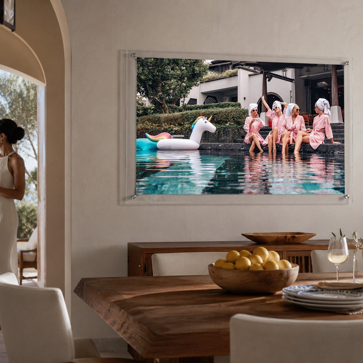 Resort inspired acrylic wall art with poolside friends in pink robes