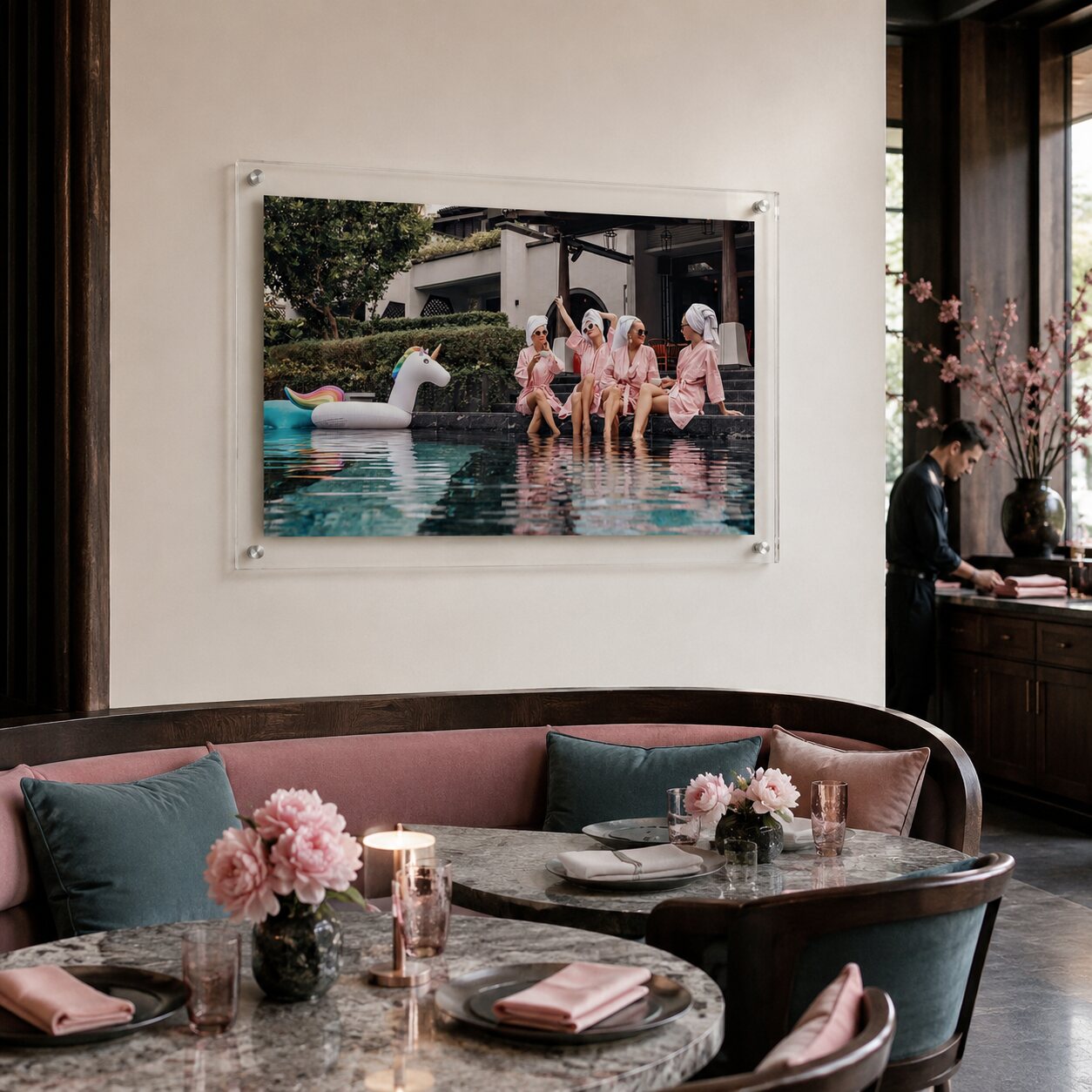 Poolside acrylic wall art displayed in a stylish modern dining room