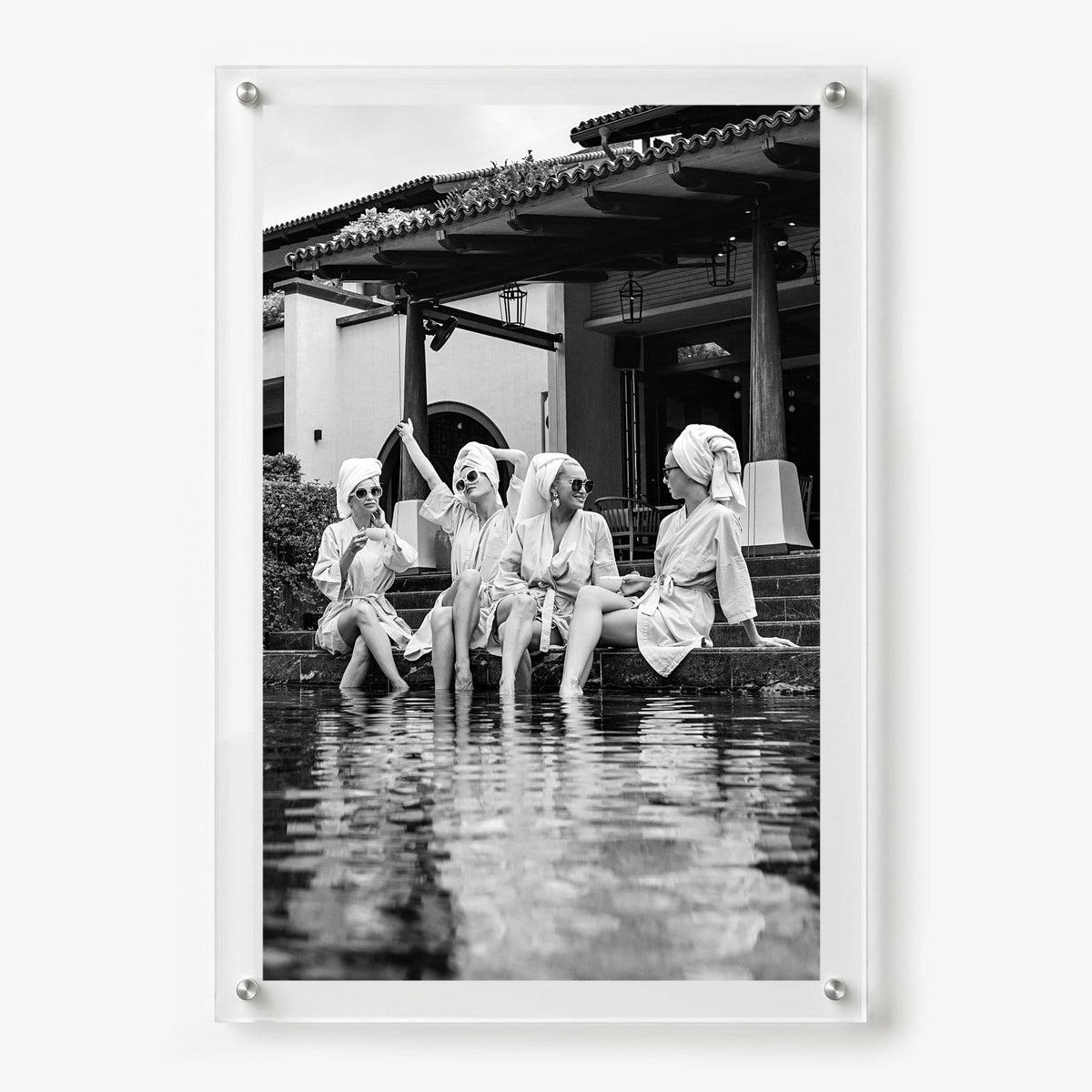 Breakfast at Brittany's monochrome acrylic wall art with poolside scene
