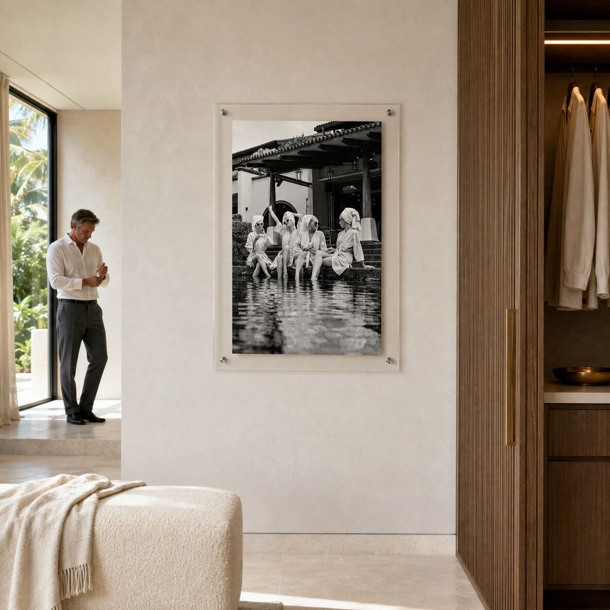 Breakfast at Brittany's Black & White Acrylic Wall Art Print displayed in a modern bedroom