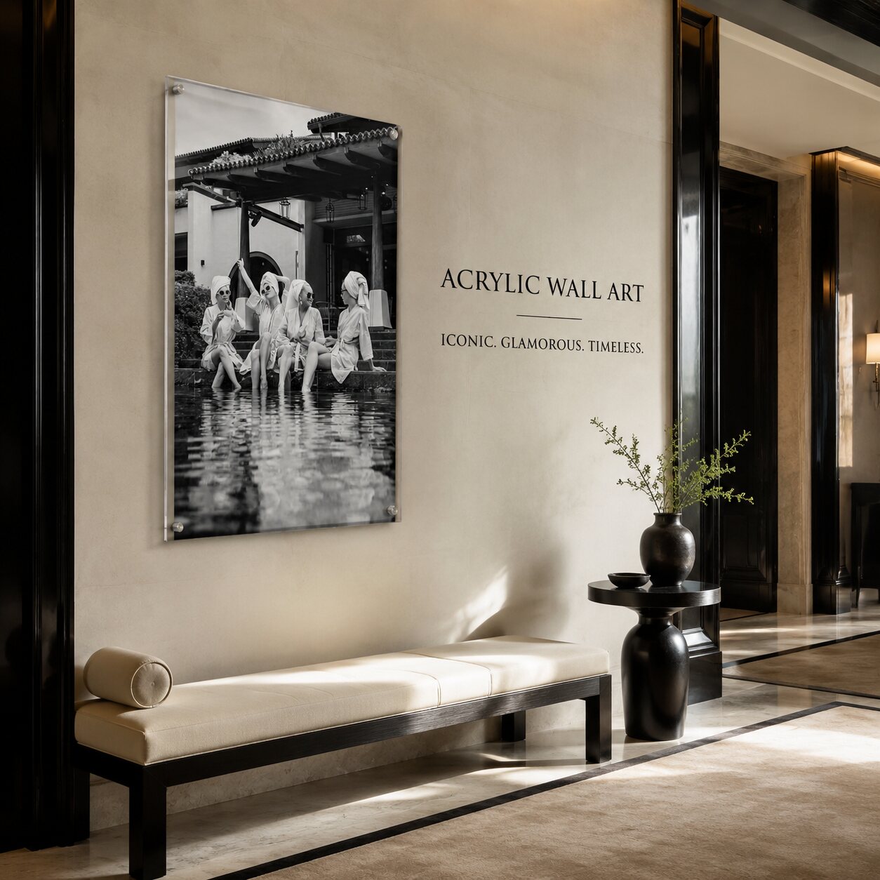 Black and white poolside acrylic wall art with women in robes