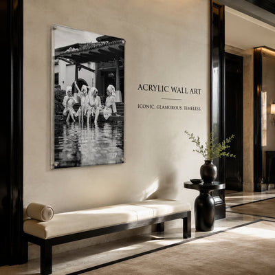 Black and white poolside acrylic wall art with women in robes