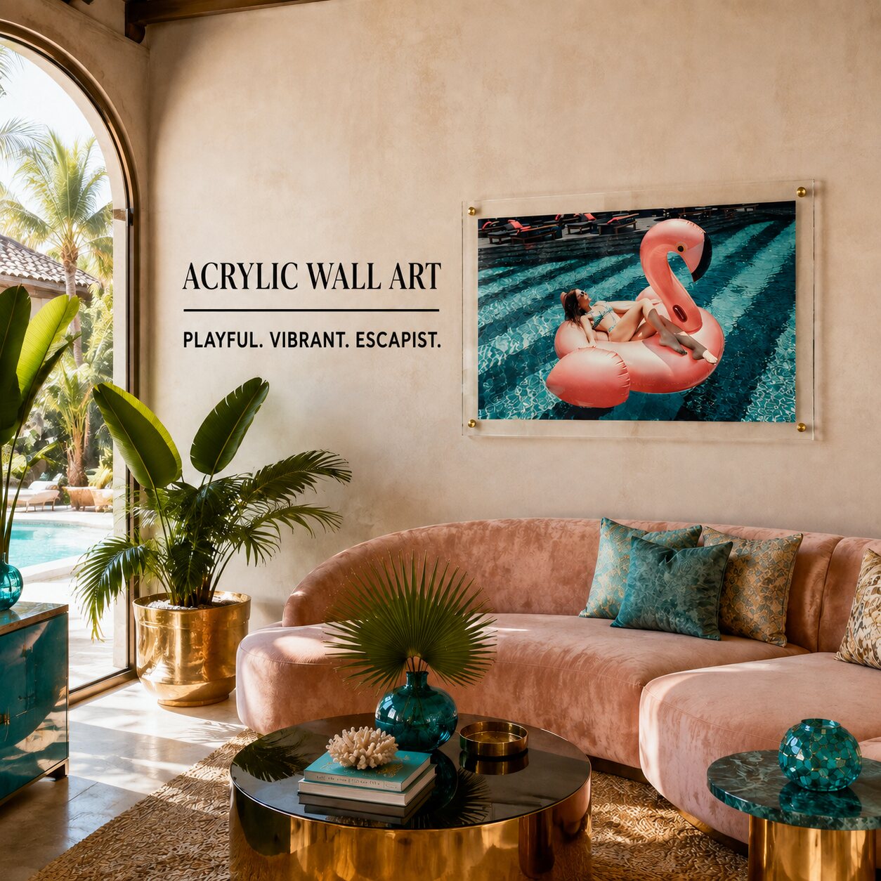 Pink flamingo pool wall art displayed in a warm modern living room with plants