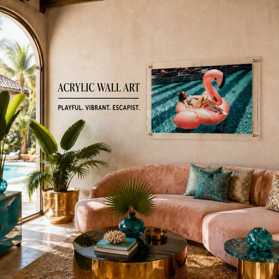 Pink flamingo pool wall art displayed in a warm modern living room with plants