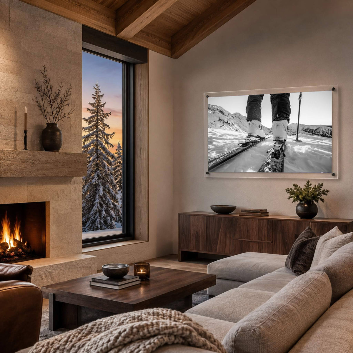 Black and white mountain road wall art displayed in a cozy chalet living room