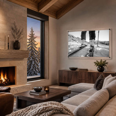 Black and white mountain road wall art displayed in a cozy chalet living room