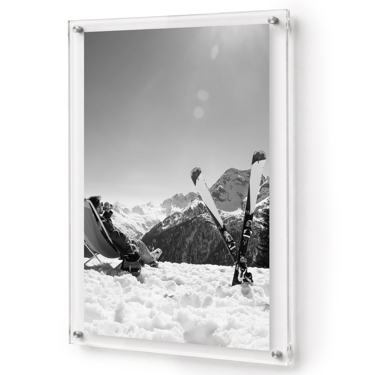 Black and white ski wall art in a vertical acrylic wall decor