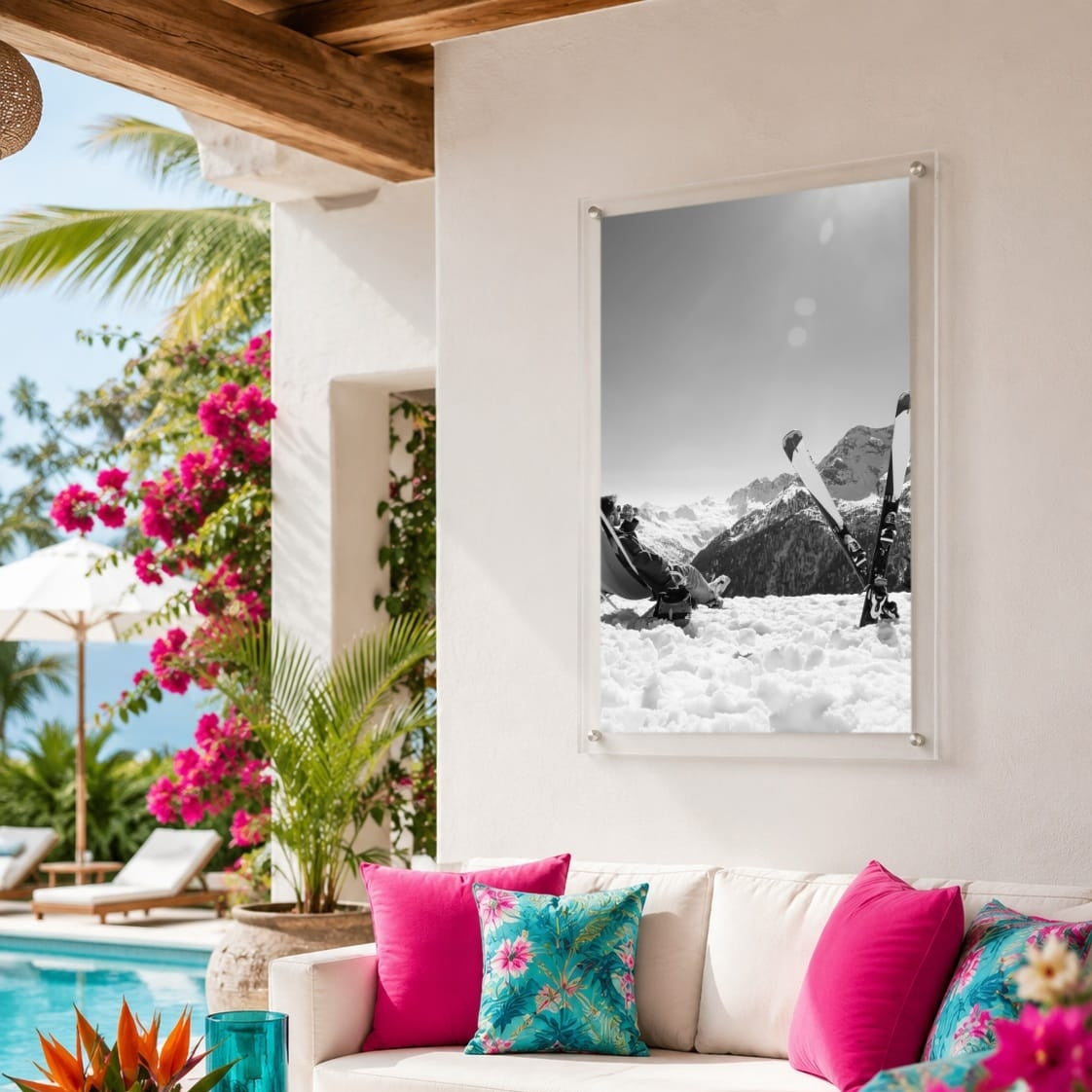 Black and white ski wall art displayed on a bright tropical outdoor lanai