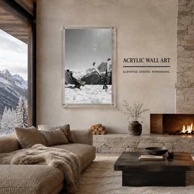 Black and white ski wall art displayed in a warm and cozy chalet room