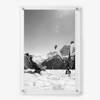 Black and white ski wall art shown in a vertical 24x36 acrylic frame decor