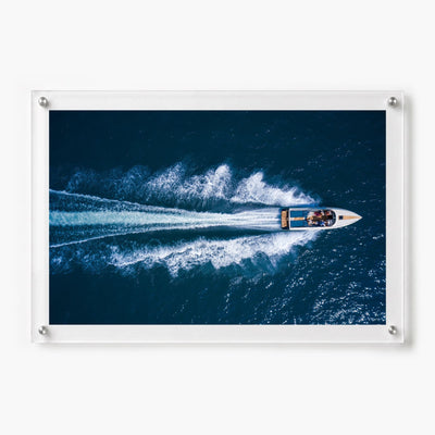 Exit By Sea wall art shown in a horizontal 36x24 acrylic frame with white background
