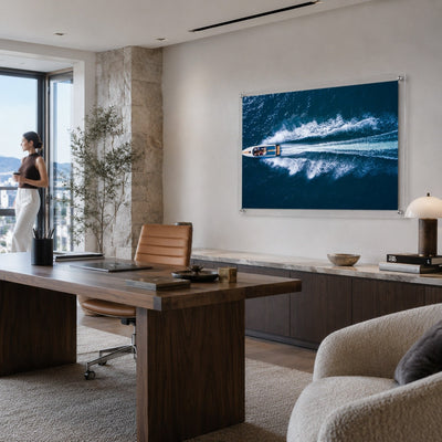 Exit By Sea wall art displayed in the office room setting with woman standing aside