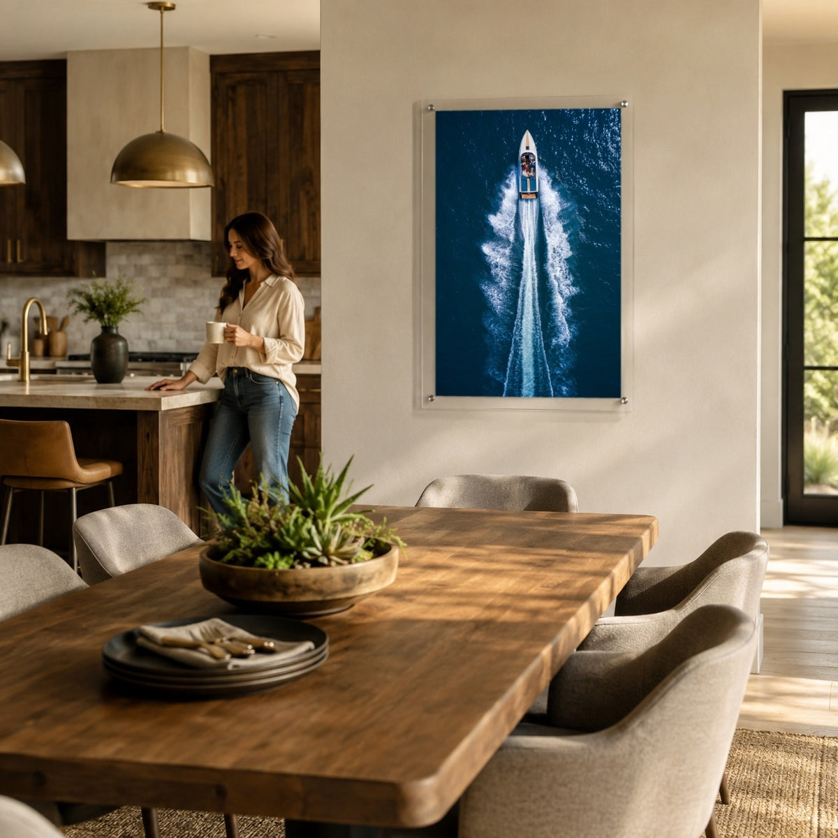 Exit By Sea wall art in a stylish modern dining room with woman
