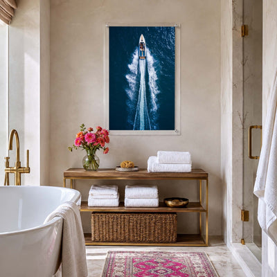 Exit By Sea wall art in an elegant bathroom with brass decor