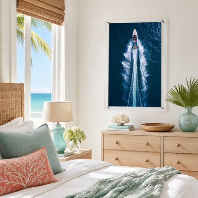 Exit By Sea wall art in a coastal bedroom with rattan decor