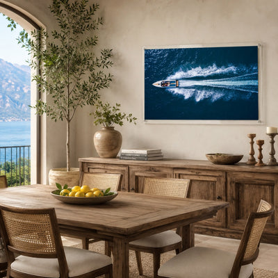 Exit By Sea wall art displayed in an elegant Italian dining room