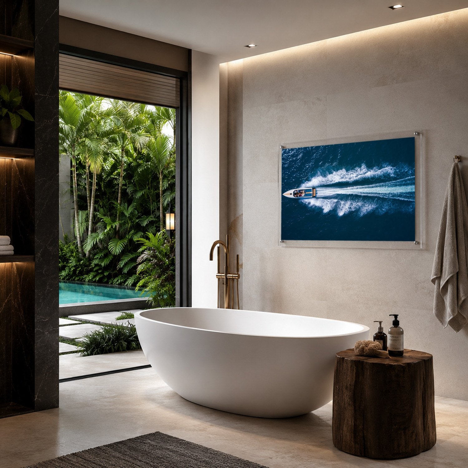 Exit By Sea wall art beside a tropical freestanding tub with pool outside