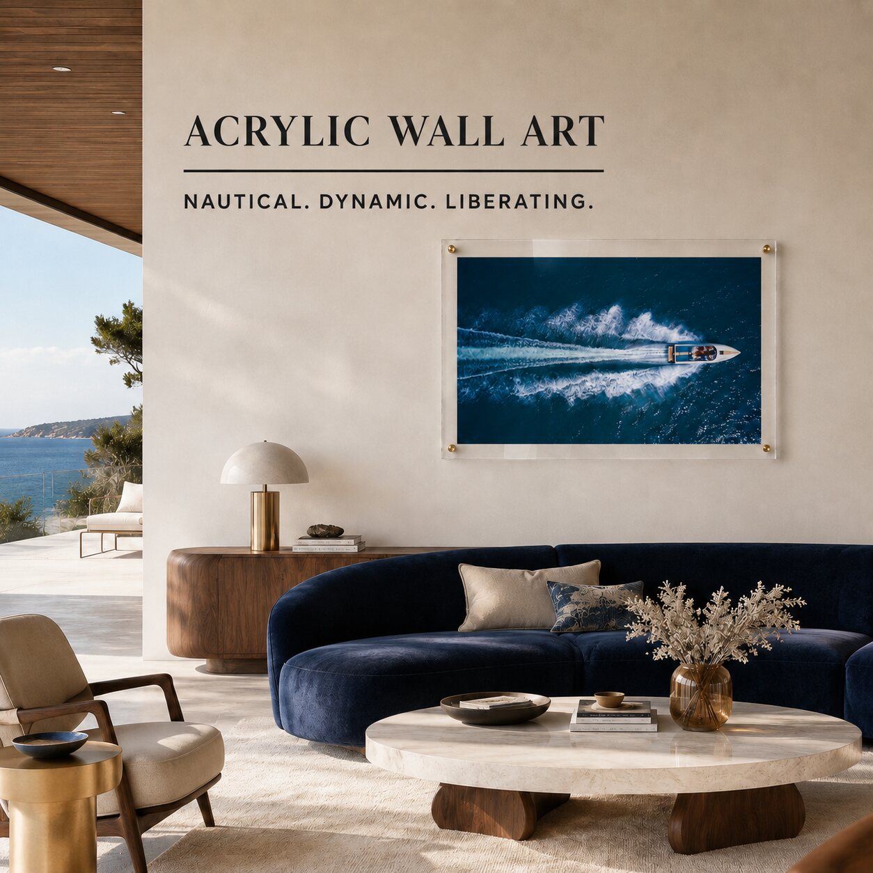 Exit By Sea wall art displayed in a warm modern living room with sea mountain view