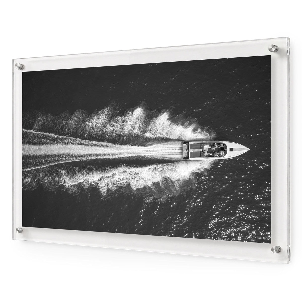 Exit By Sea wall art shown in a horizontal acrylic frame detail view in white background