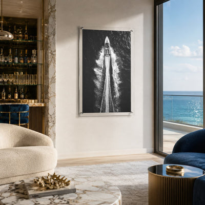 Exit By Sea wall art beside a coastal ocean-view window