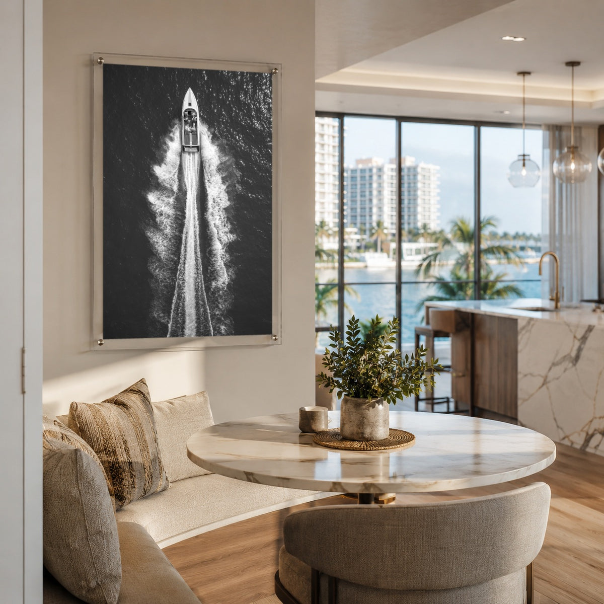 Exit By Sea wall art in a bright coastal living room interior with city ocean view