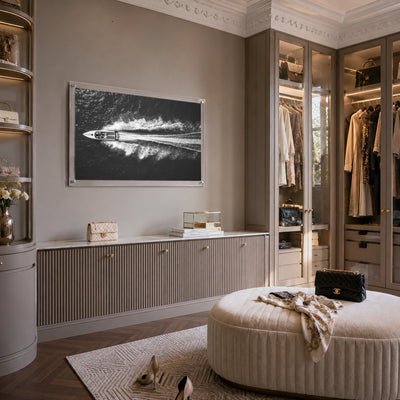 Exit By Sea wall art in a stylish Parisian dressing room setting