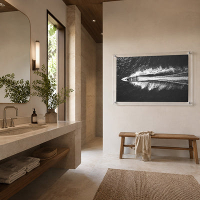 Exit By Sea wall art in a modern spa-style bathroom with sink tub