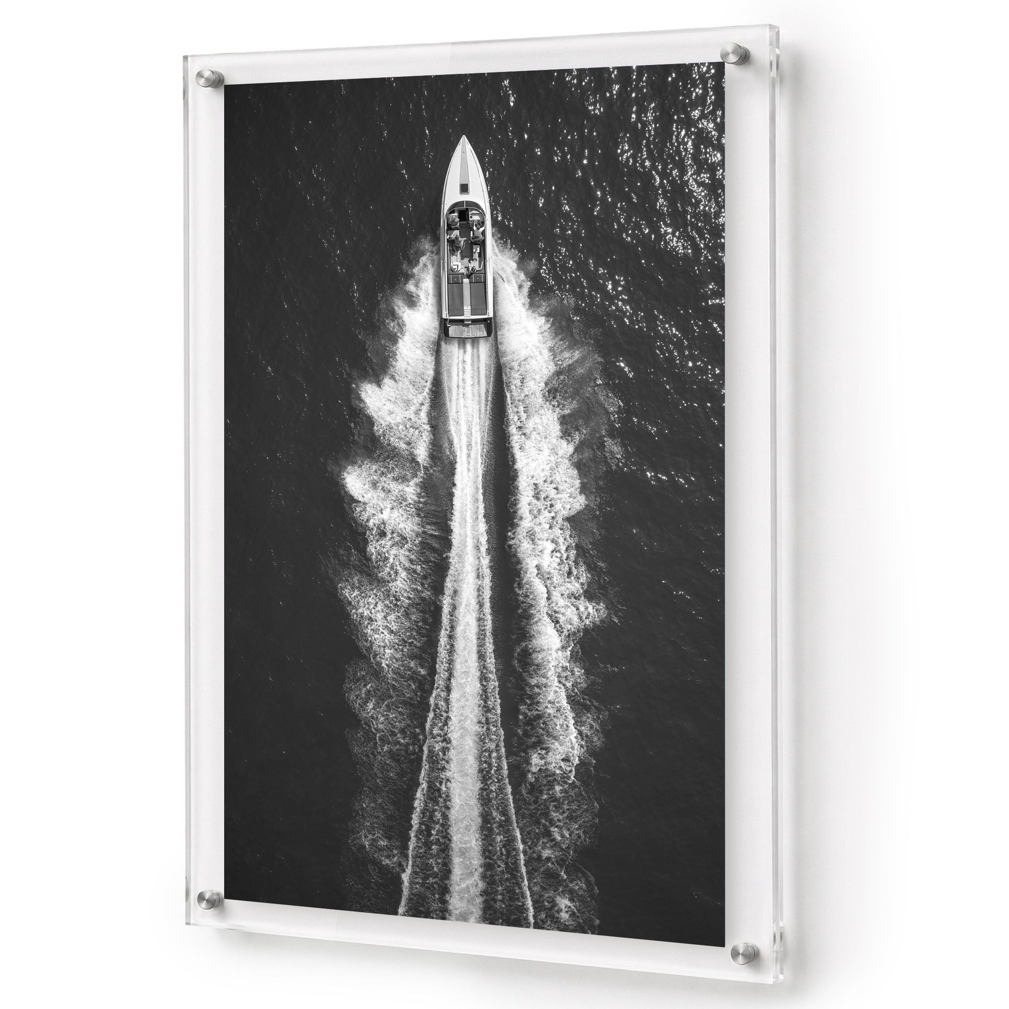Exit By Sea wall art shown in a vertical acrylic frame product view