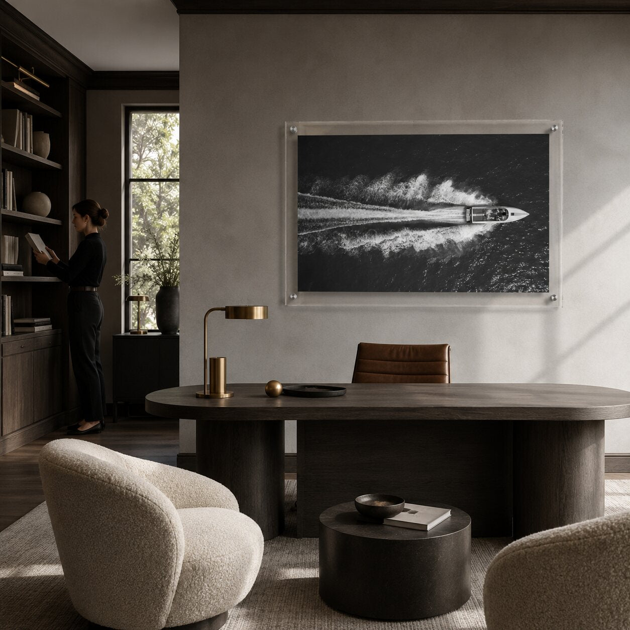 Exit By Sea wall art in a modern workspace area with a woman nearby