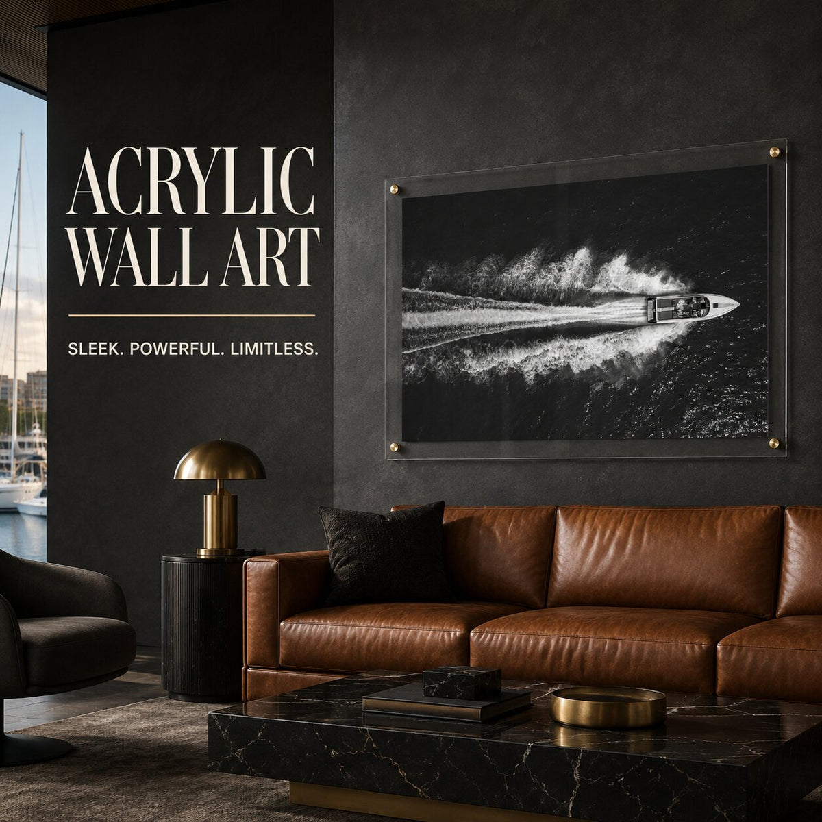 Exit By Sea wall art above a leather sofa in a modern lounge