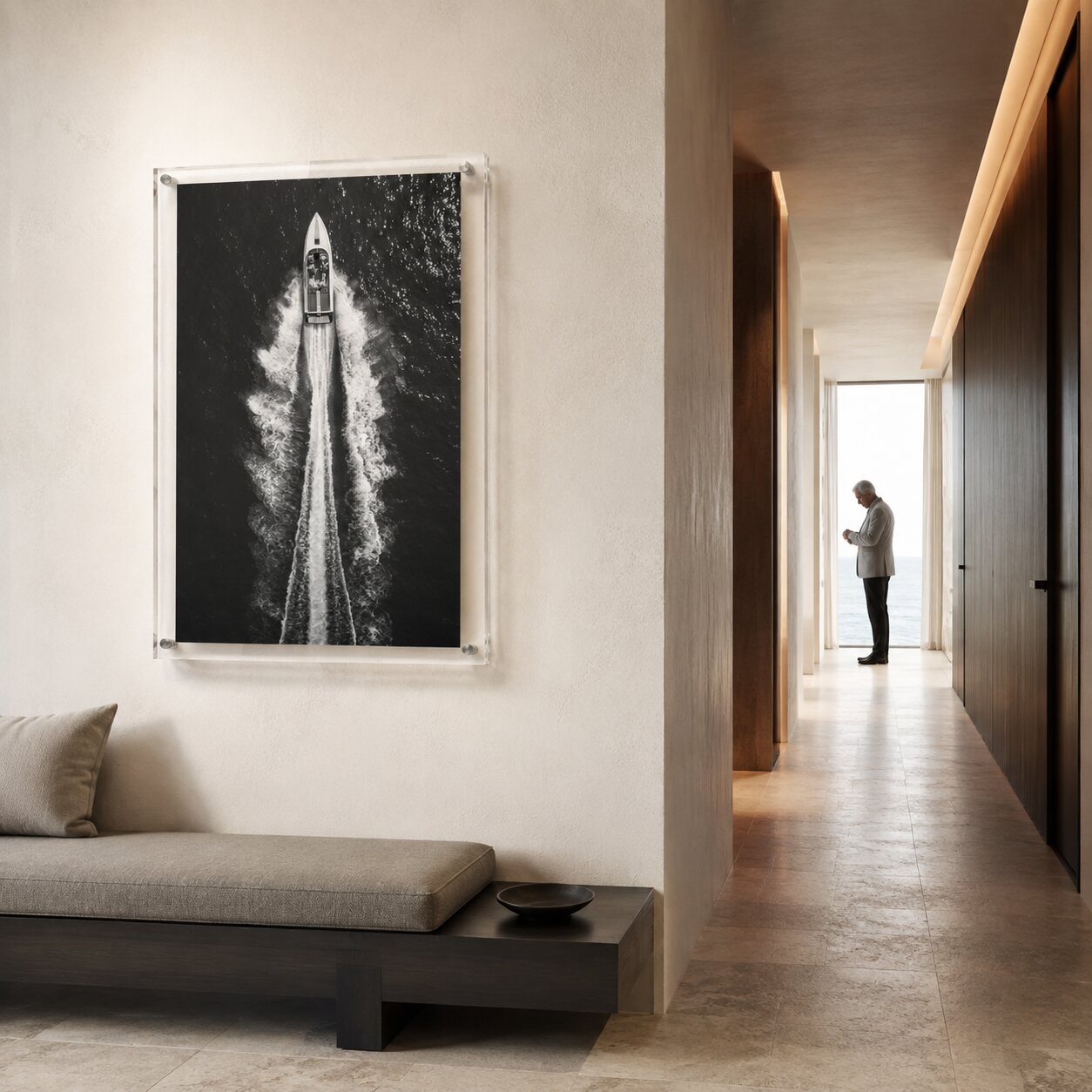 Exit By Sea wall art displayed in a modern hallway with a man afar