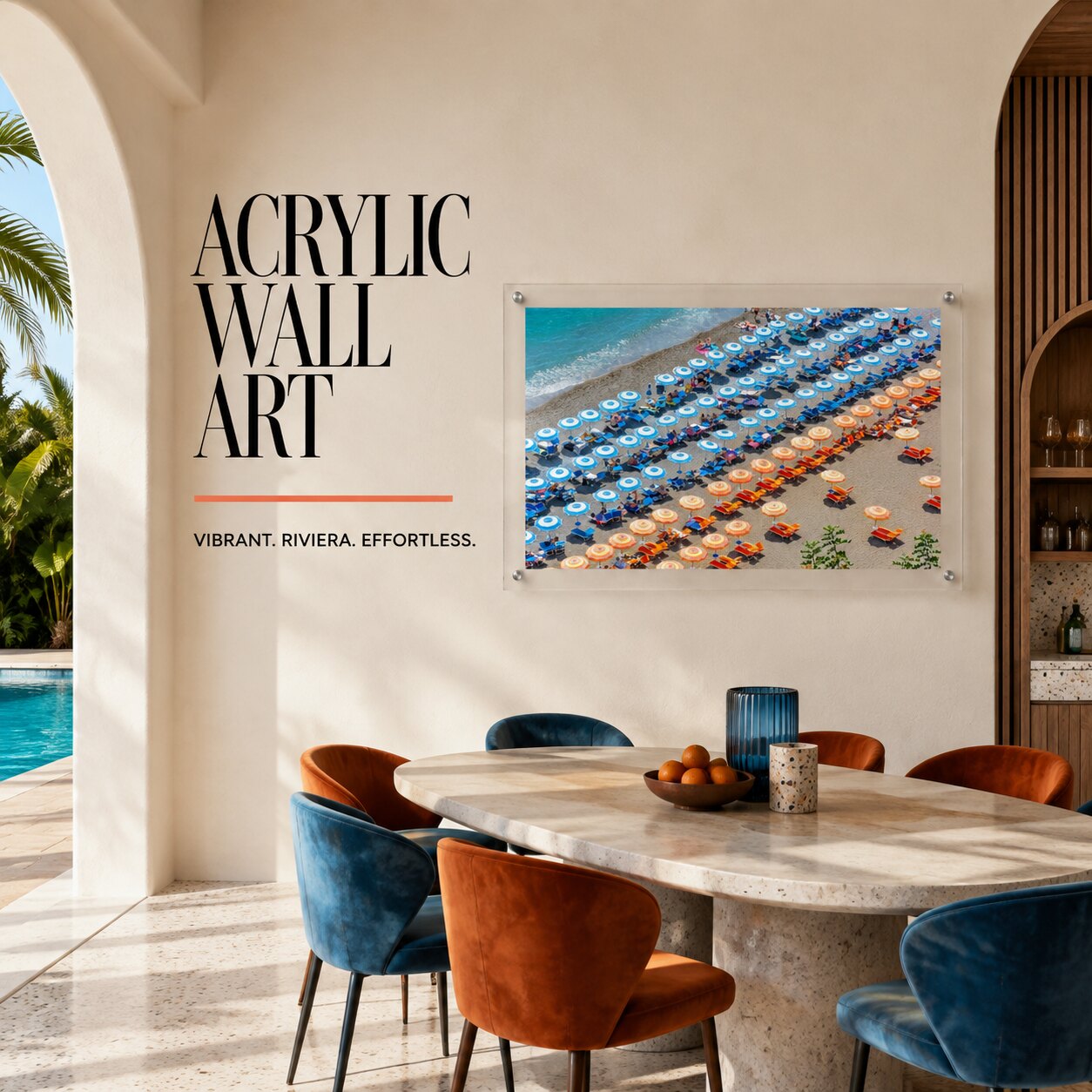 Stripes and Spritz wall art in a bright coastal dining room space