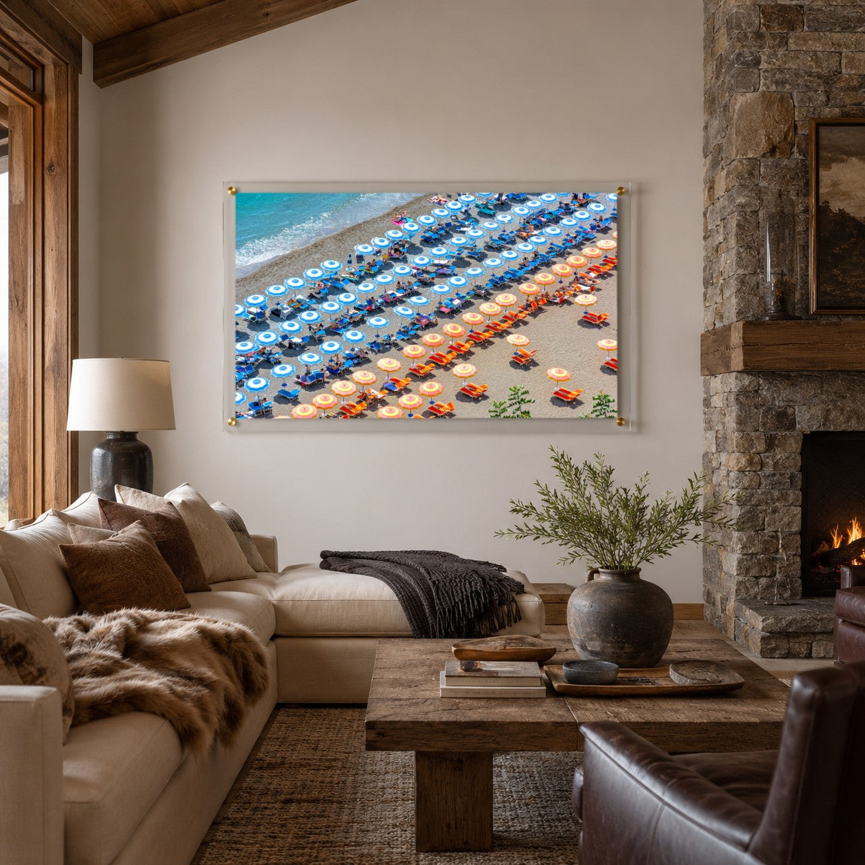 Stripes and Spritz wall art in a mountain lodge living room space