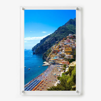 Positively Positano wall art shown in a vertical 24x36 acrylic frame decor with white background