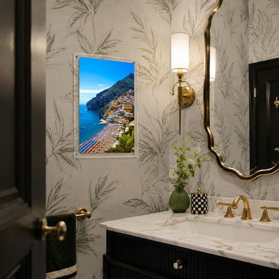 Positively Positano wall art in an elegant sink tub space decor