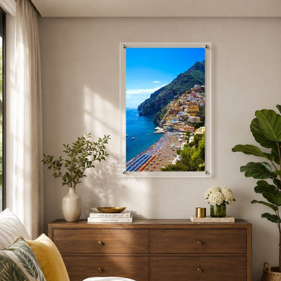 Positively Positano wall art displayed above a wood organizer in bedroom