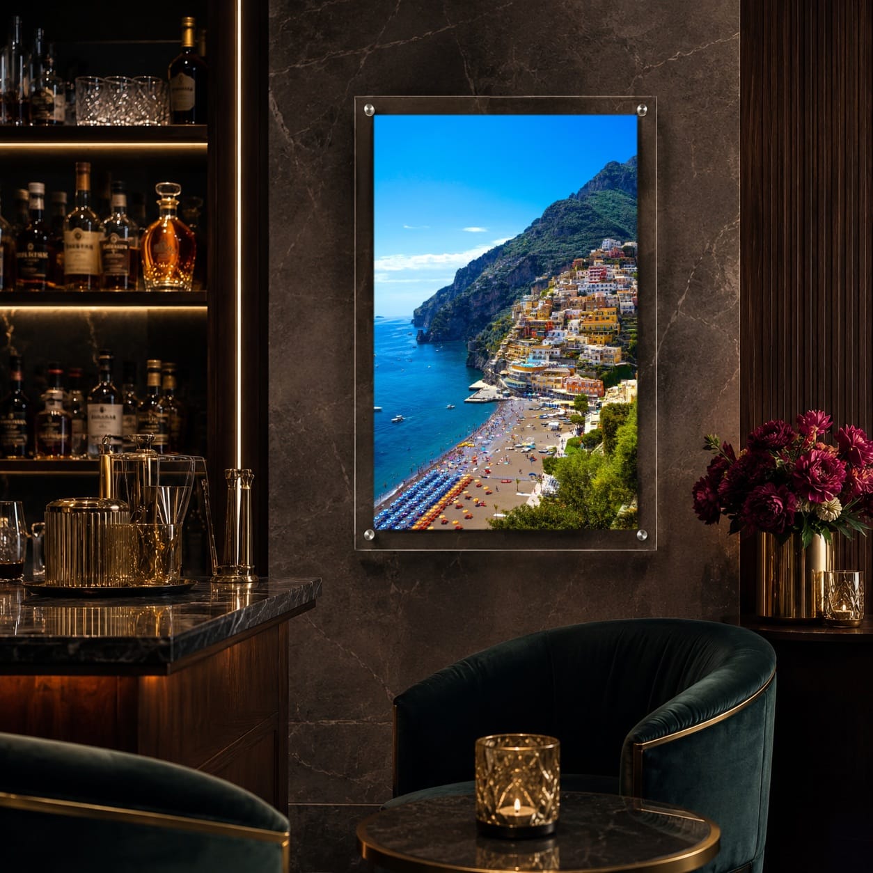 Positively Positano wall art in a dark moody home bar area decor