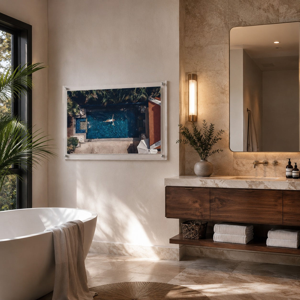 Lap of Luxury wall art in a modern bathroom with warm accents