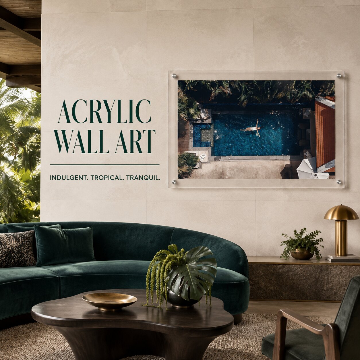Lap of Luxury wall art displayed above a green velvet sofa in a lounge