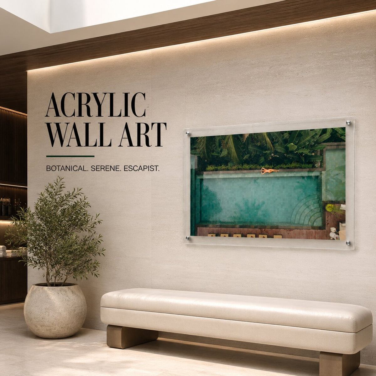 Palm and Circumstance wall art in a bright modern living room with leather sofa
