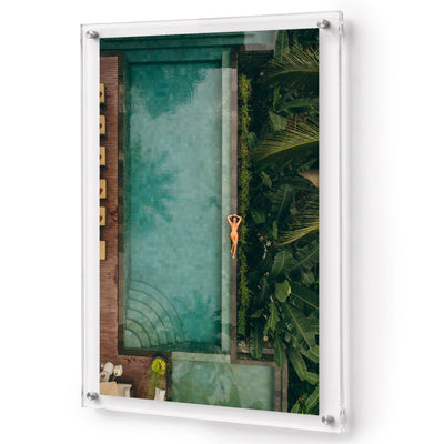 Palm and Circumstance wall art shown in a vertical acrylic frame with white background