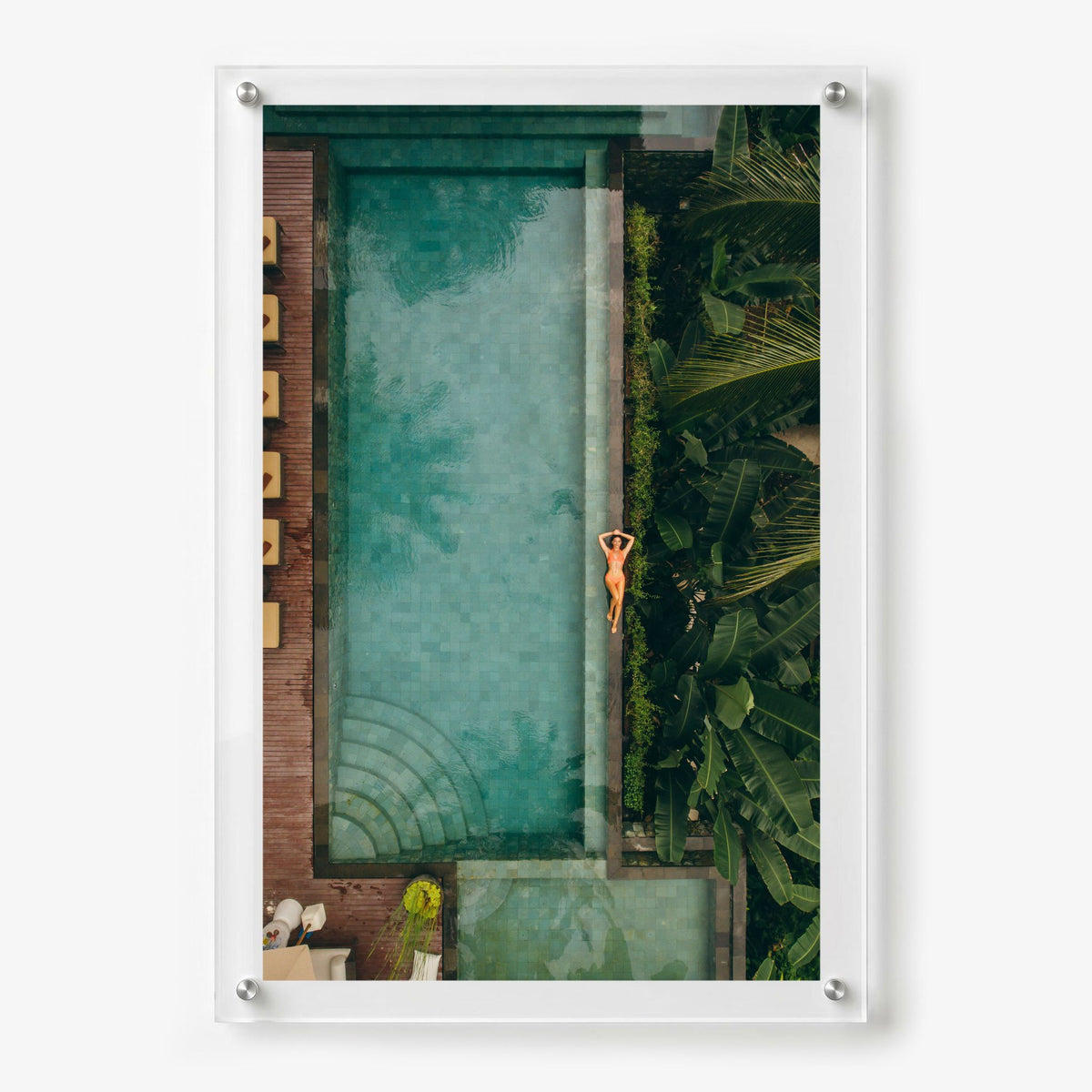 Palm and Circumstance wall art shown in a vertical 24x36 acrylic frame with white background