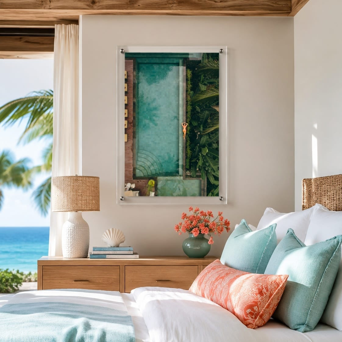 Palm and Circumstance wall art displayed above a coastal bedroom bed space