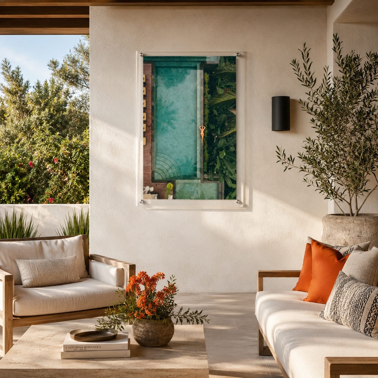 Palm and Circumstance wall art displayed center on a Mediterranean patio sofa