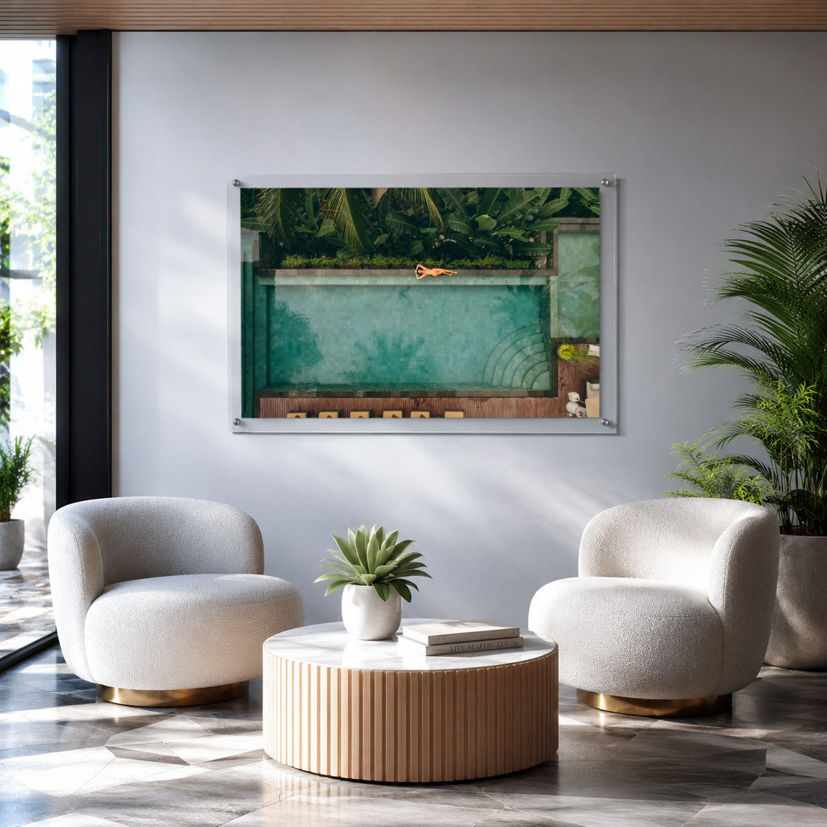 Palm and Circumstance wall art in a bright modern lounge space with plant on the table