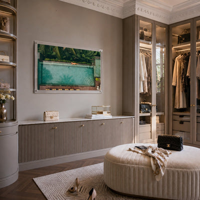 Palm and Circumstance wall art in a stylish dressing room space