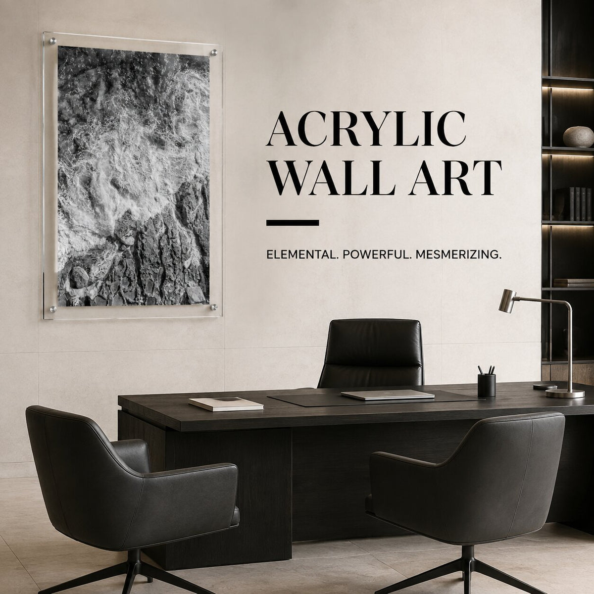 Foam and Fire wall art in a modern black and white office space