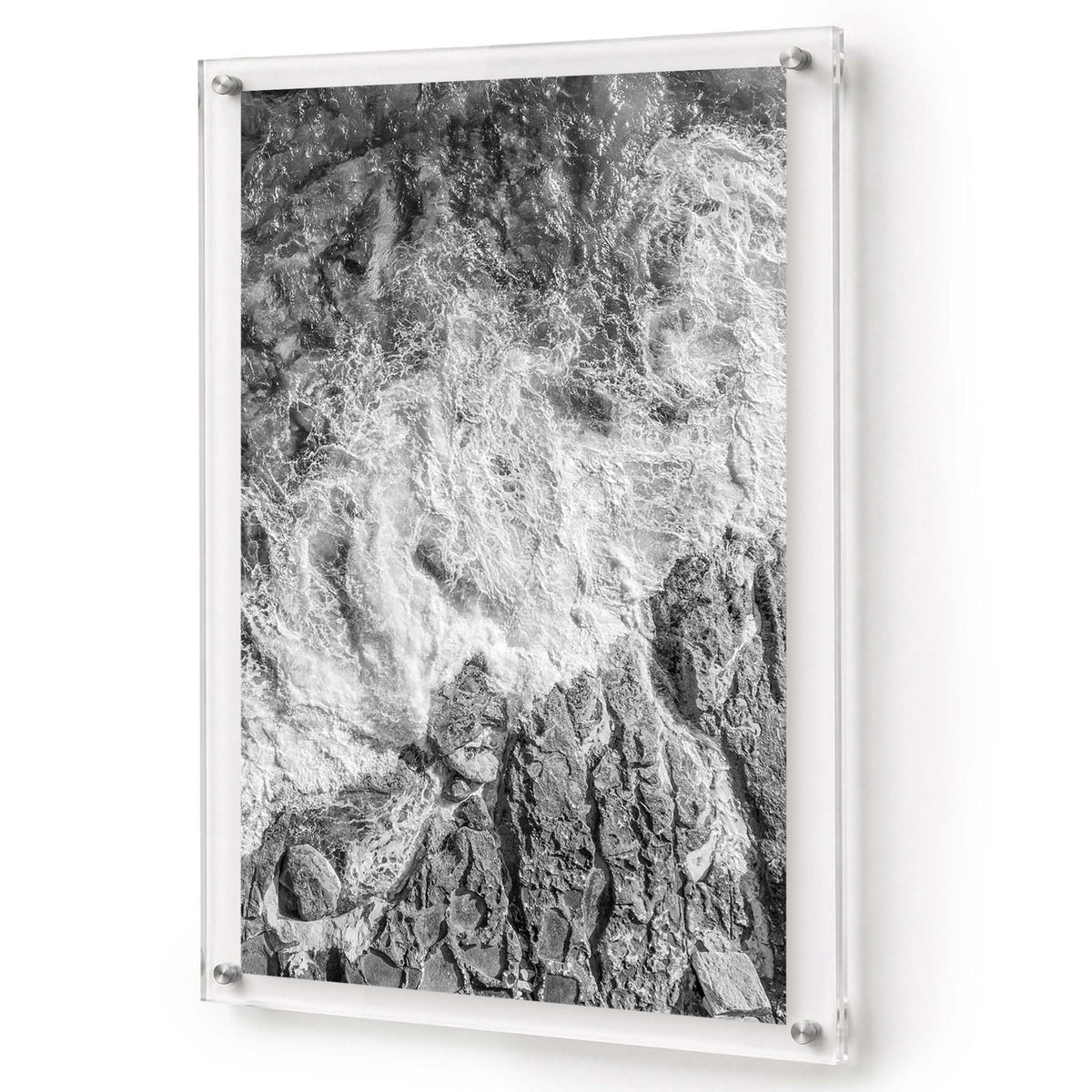 Foam and Fire wall art shown in a vertical acrylic frame product view